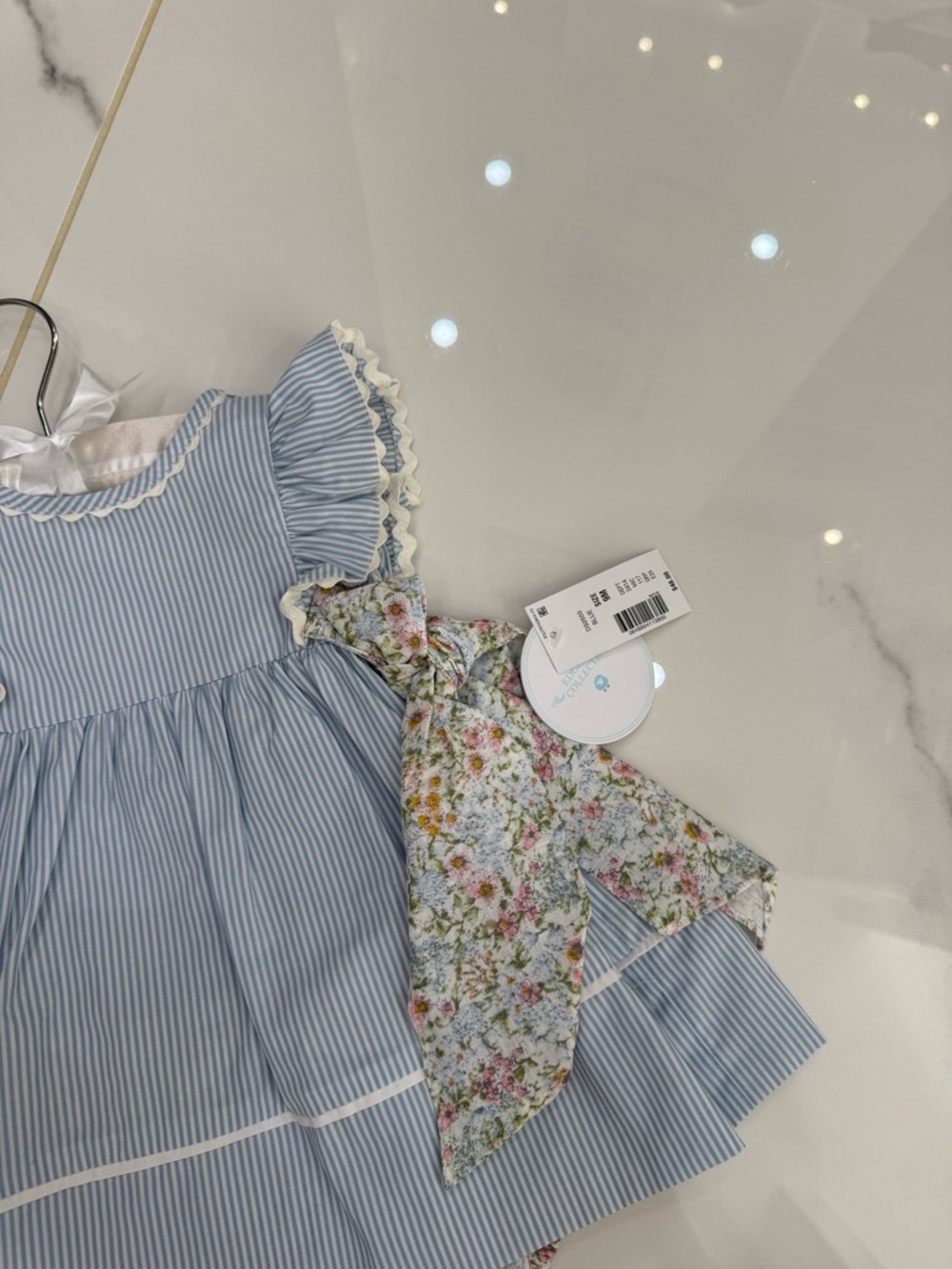 Edgehill Collection Blue Stripe Dress with Floral Ruffle Bows - Picture 2 of 4